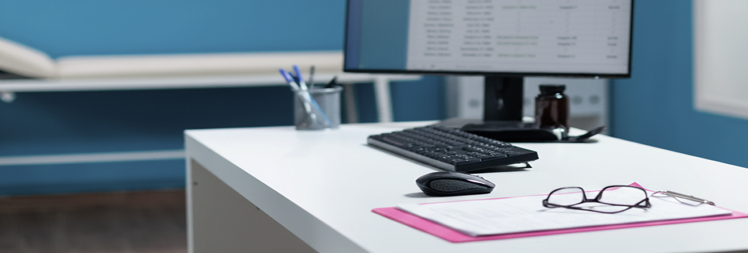 Arbeitsplatz mit weißen Schreibtisch. Auf dem Schreibtisch liegen eine Tastatur, eine Maus, ein Clipboard mit einem pinkfarbenen Unterlageblatt und eine Brille. Im Hintergrund ein Bildschirm mit einer Tabellenansicht, ein Stiftebecher mit Stiften und ein braunes Glas. Die Wand im Hintergrund ist blau.